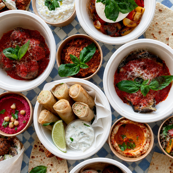 Mediterrane Mezze-Sharing-Teller von Fada mit Hummus, gegrillten Gerichten, Wraps und frischen Kräutern